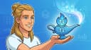 Cartoon of a smiling man with a blond man bun holding a glowing blue genie lamp marked with up and down arrows, releasing chart icons